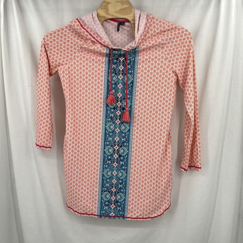 Aqua Et Sol Swim Cover Up Dress Hooded Pockets UPF 50 Cruise Coastal Large EUC